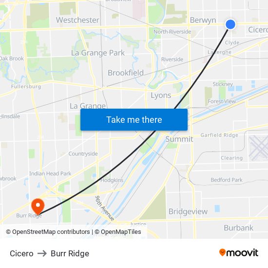 Cicero to Burr Ridge map