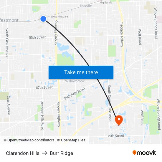 Clarendon Hills to Burr Ridge map