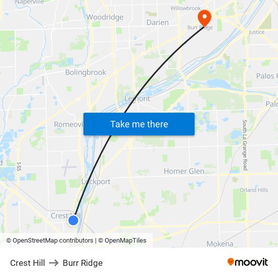 Crest Hill to Burr Ridge map