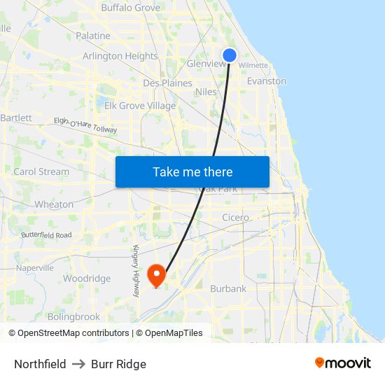 Northfield to Burr Ridge map