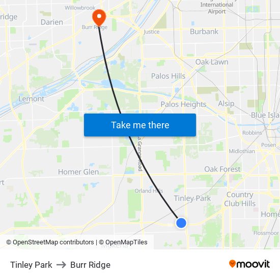 Tinley Park to Burr Ridge map