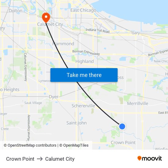 Crown Point to Calumet City map