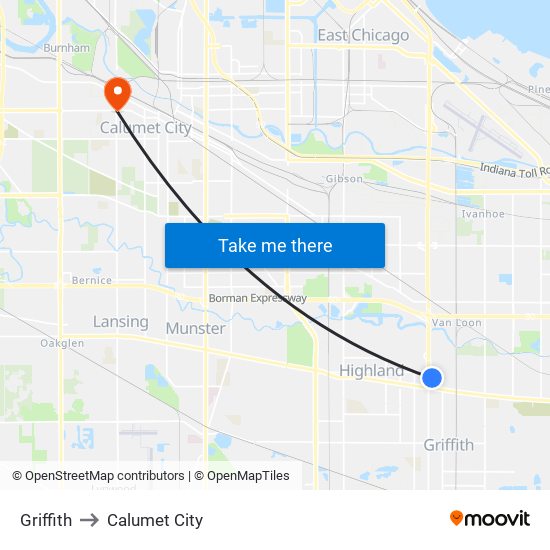 Griffith to Calumet City map
