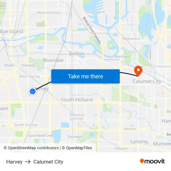 Harvey to Calumet City map