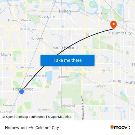 Homewood to Calumet City map