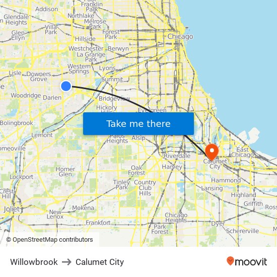 Willowbrook to Calumet City map