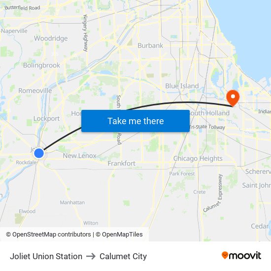 Joliet Union Station to Calumet City map