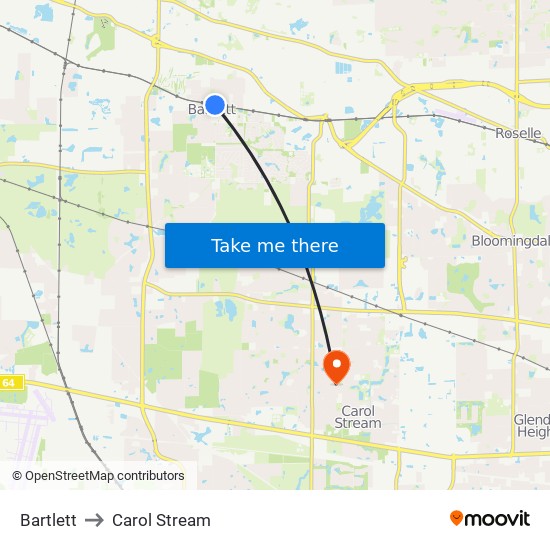 Bartlett to Carol Stream map