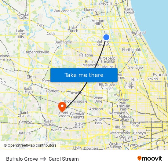 Buffalo Grove to Carol Stream map