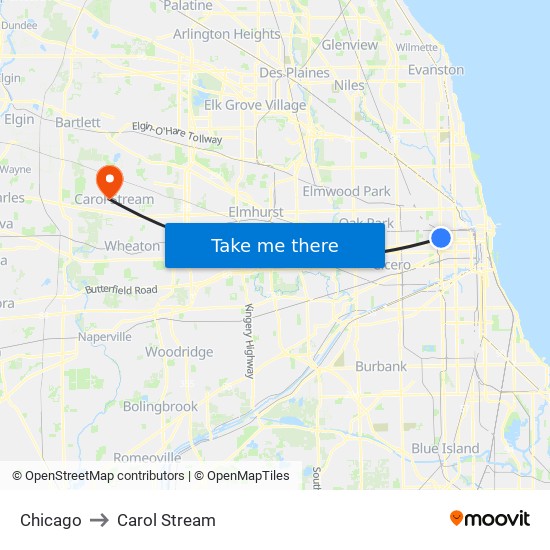 Chicago to Carol Stream map