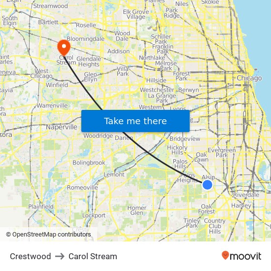 Crestwood to Carol Stream map
