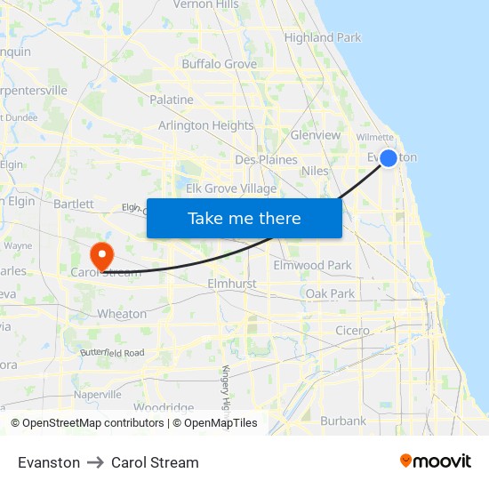 Evanston to Carol Stream map