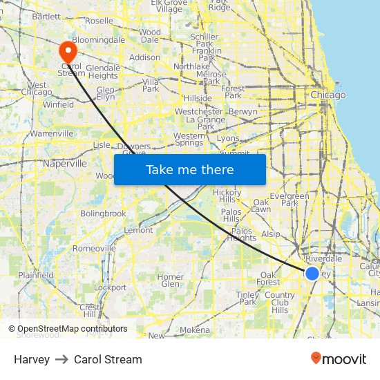 Harvey to Carol Stream map