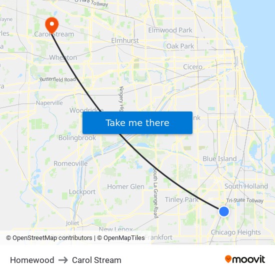 Homewood to Carol Stream map