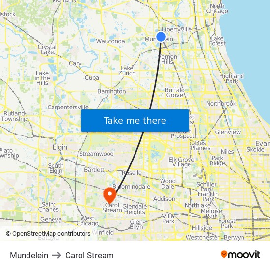 Mundelein to Carol Stream map