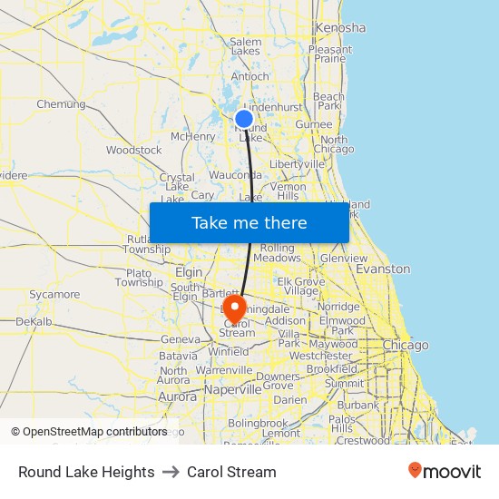 Round Lake Heights to Carol Stream map