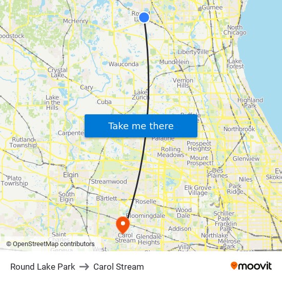 Round Lake Park to Carol Stream map