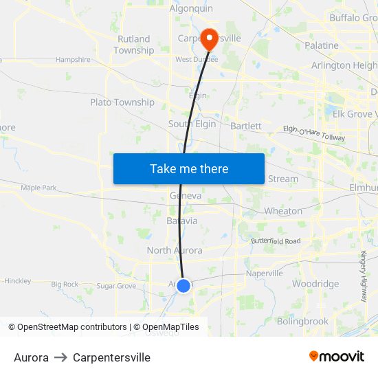 Aurora to Carpentersville map