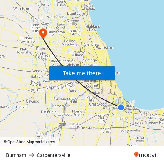 Burnham to Carpentersville map