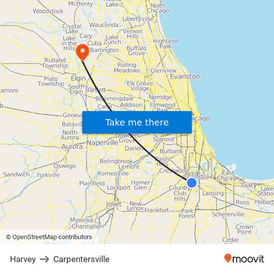 Harvey to Carpentersville map