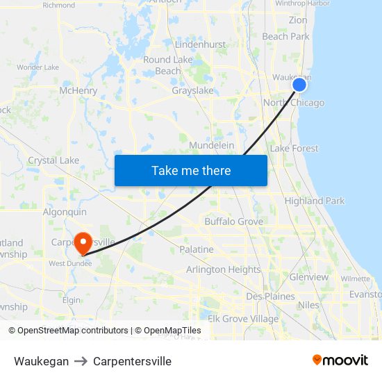 Waukegan to Carpentersville map