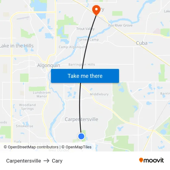 Carpentersville to Cary map