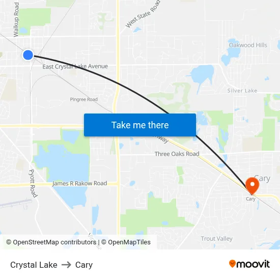 Crystal Lake to Cary map
