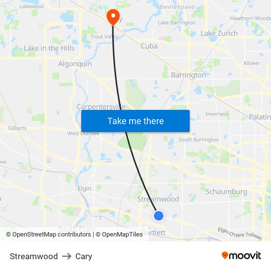 Streamwood to Cary map