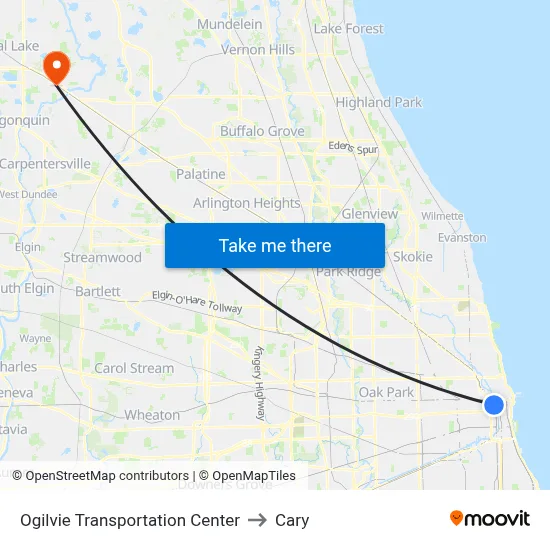 Ogilvie Transportation Center to Cary map