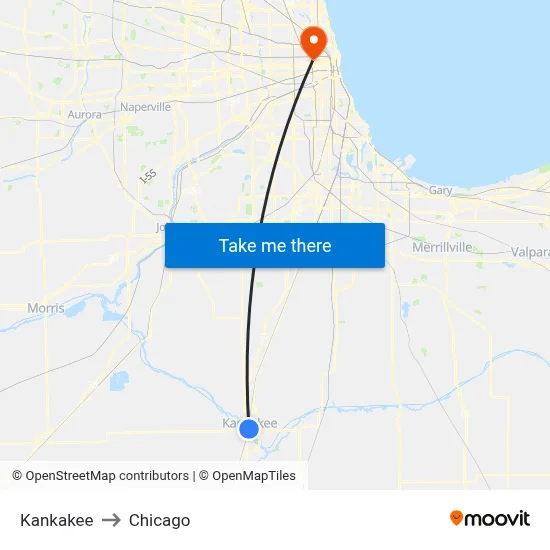 Kankakee to Chicago map