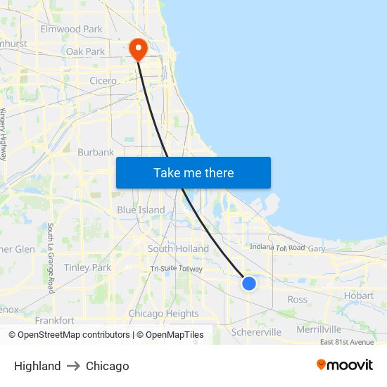 Highland to Chicago map