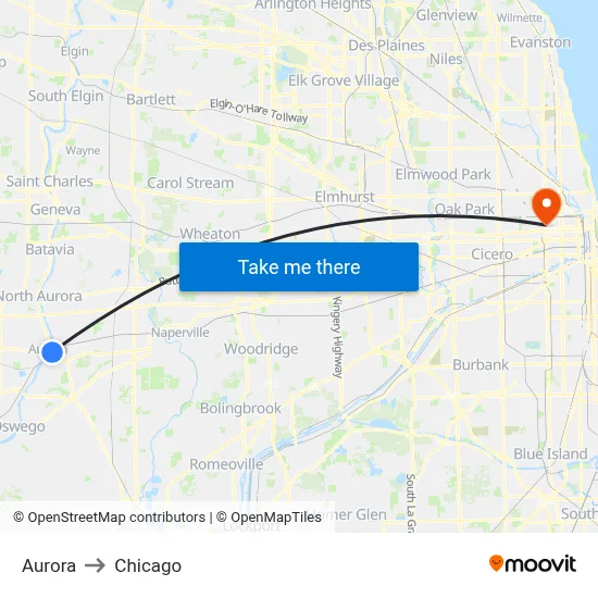 Aurora to Chicago map