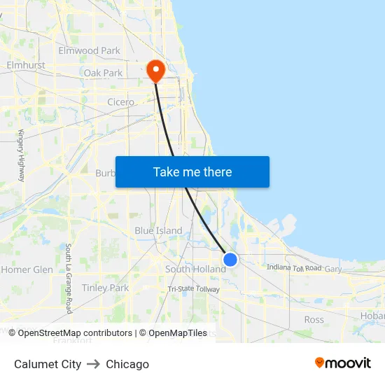 Calumet City to Chicago map