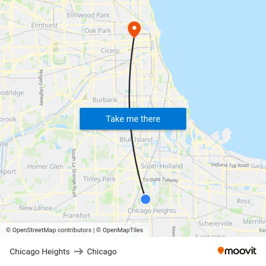 Chicago Heights to Chicago map