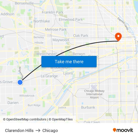 Clarendon Hills to Chicago map
