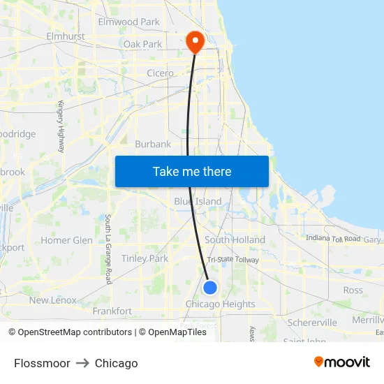 Flossmoor to Chicago map