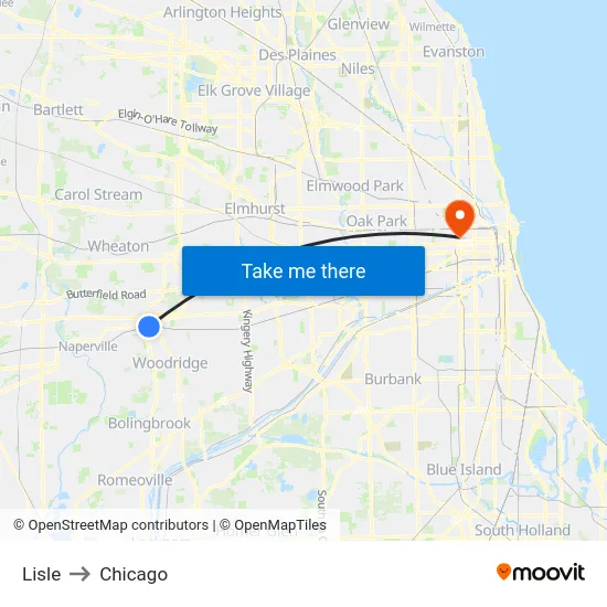 Lisle to Chicago map