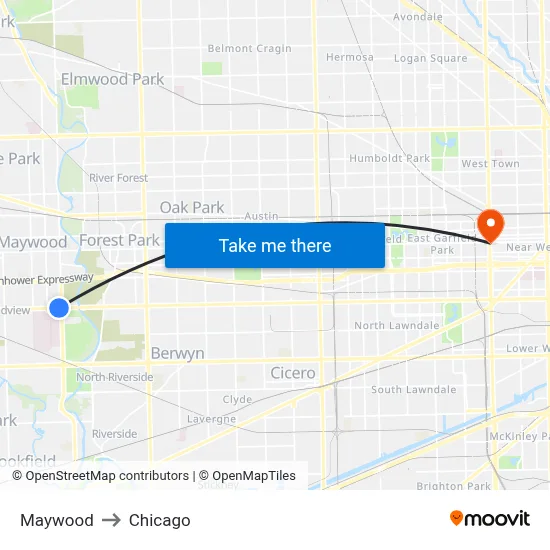 Maywood to Chicago map