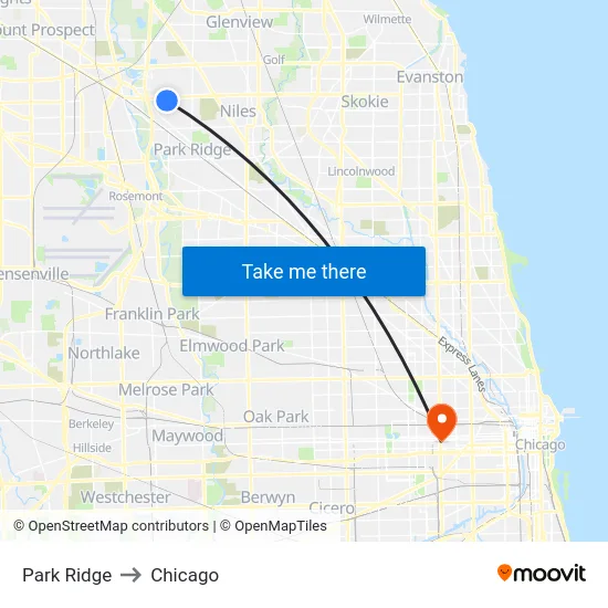 Park Ridge to Chicago map