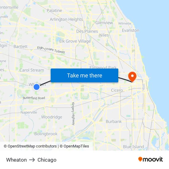 Wheaton to Chicago map