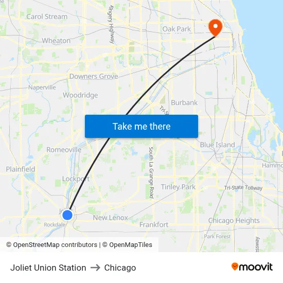 Joliet Union Station to Chicago map