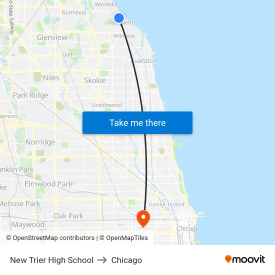 New Trier High School to Chicago map