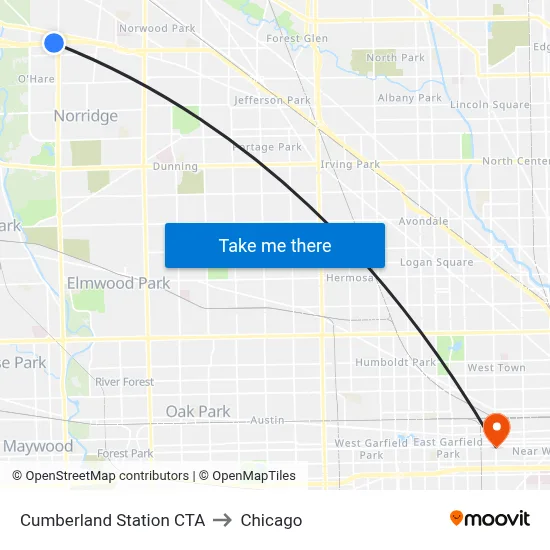 Cumberland Station CTA to Chicago map