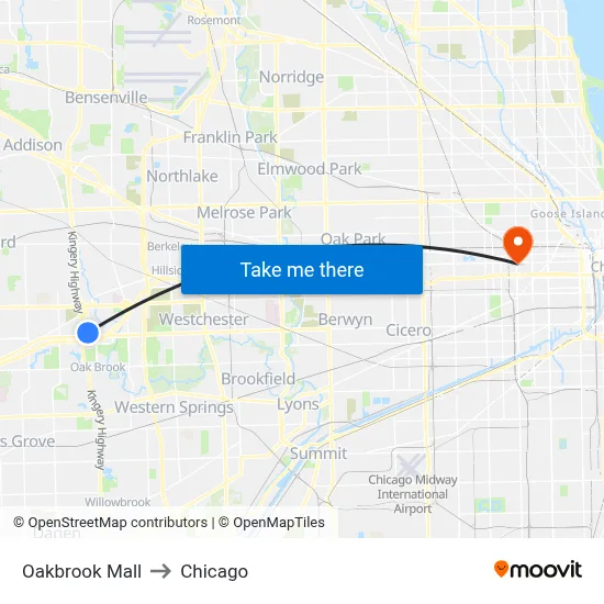 Oakbrook Mall to Chicago map