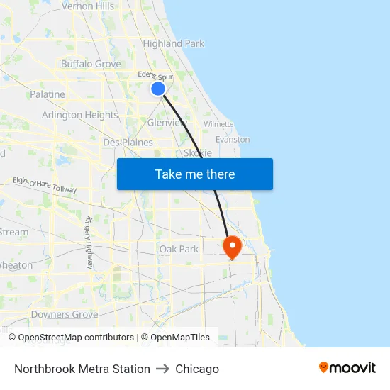 Northbrook Metra Station to Chicago map