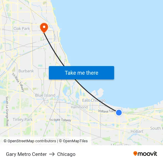 Gary Metro Center to Chicago map
