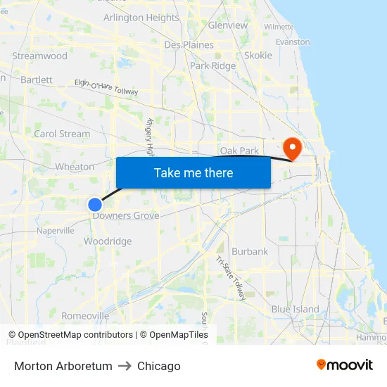 Morton Arboretum to Chicago map