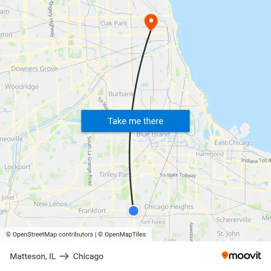 Matteson, IL to Chicago map