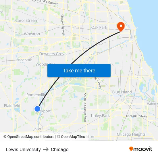 Lewis University to Chicago map