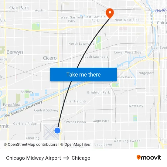 Chicago Midway Airport to Chicago map